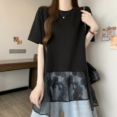 批发胖MM夏季新款蕾丝网纱拼接正肩短袖T恤女宽松遮肚洋气显瘦上衣