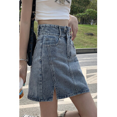 批发爆款夏季两扣腰开叉牛仔短裙有内衬