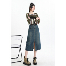 批发复古A字开叉牛仔半身裙<b class='q'>春</b>季新款辣妹牛仔裙高腰中长款裙子