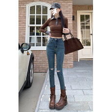 批发秋季<b class='q'>破洞</b>牛仔裤女高腰九分小脚长裤春夏紧身新款显高显瘦