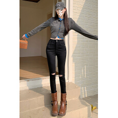 批发秋季<b class='q'>破洞</b>牛仔裤女高腰九分小脚长裤春夏紧身新款显高显瘦