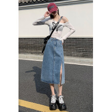 批发高腰开叉牛仔半身裙女 新款时尚显瘦气质中长款长裙子