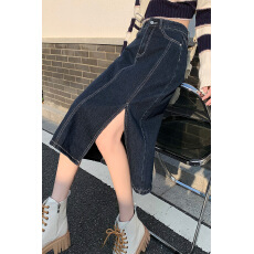 批发高腰开叉牛仔半身裙女 新款时尚显瘦气质中长款长裙子