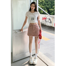 批发<b class='q'>夏</b>季新款牛仔短裙女高腰显瘦防走光a字毛边辣妹包臀半身裙子