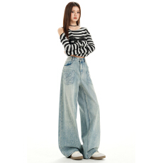 批发美式复古设计感<b class='q'>烫钻</b><b class='q'>牛仔裤</b>女新款立体水钻阔腿裤潮XS-XL