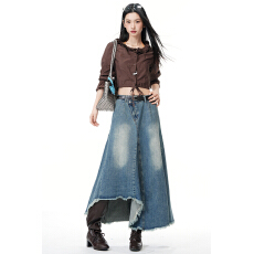 批发美式<b class='q'>复古</b>不规则设计感牛仔半身裙女新款做旧a字长裙