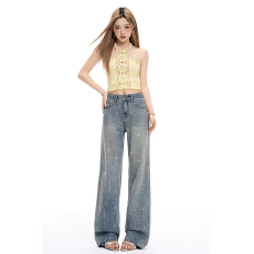 批发烫钻阔腿牛仔<b class='q'>裤</b>女秋冬季宽松高腰垂感百搭拖地<b class='q'>裤</b>显瘦直筒XS-XL