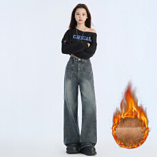 批发秋冬加绒加厚高腰牛仔裤女新款怀旧复古港风做旧拖地直筒裤