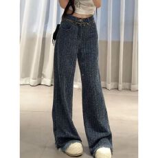 批发链条<b class='q'>烫钻</b>毛边<b class='q'>牛仔裤</b>女秋季新款高腰宽松阔脚裤休闲直筒拖地长裤潮