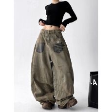 批发街舞达人嘻哈<b class='q'>牛仔裤</b>女2025秋装新款高腰显瘦宽松慵懒风学生阔腿裤