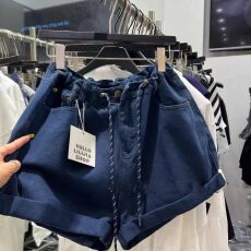 批发<b class='q'>韩国</b>东大门夏季款韩系松弛感百搭高腰牛仔抽绳阔腿裤休闲花苞短裤