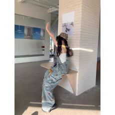 批发美式复古卡通刺绣水洗牛仔背带裤<b class='q'>女</b>春夏新款小众宽松连体长裤子潮