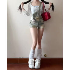 批发美式复古破洞牛仔背带休闲裤<b class='q'>女</b>夏季热裤辣妹显瘦包臀吊带连体短裤