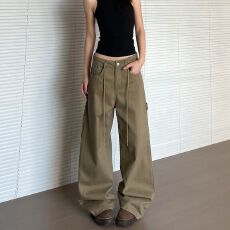 批发美式刺绣字母伐木工装牛仔裤男女秋季复古宽松堆积感抽绳休闲<b class='q'>裤子</b>