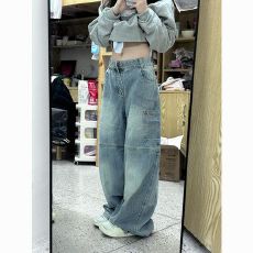 批发<b class='q'>欧美</b>式高街字母印花弯刀牛仔<b class='q'>裤</b>子女设计感辣妹亚比化拖地阔腿长<b class='q'>裤</b>