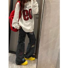 批发美式高街微喇叭做旧工装<b class='q'>裤</b><b class='q'>欧美</b>hiphop炸街<b class='q'>裤</b>子设计邮票工装牛仔<b class='q'>裤</b>