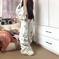 批发美式复古vibe多口袋白色工装<b class='q'>裤</b>女小众设计感<b class='q'>欧美</b>hiphop高街牛仔<b class='q'>裤</b>