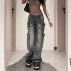 批发<b class='q'>欧美</b>式y2k辣妹低腰阔腿拖地<b class='q'>裤</b>设计感工装多口袋宽松坠感牛仔<b class='q'>裤</b>子