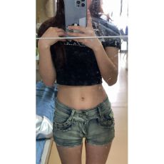 批发美式辣妹低腰牛仔超短裤女夏季新款紧身包臀<b class='q'>热裤</b>蓝色毛边直筒裤子