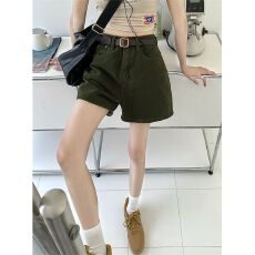 批发复古绿色<b class='q'>牛仔</b><b class='q'>短裤</b>女夏季新款韩版<b class='q'>高腰</b>显瘦网红A字卷边阔腿裤ins潮