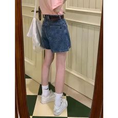 批发蓝色<b class='q'>牛仔</b><b class='q'>短裤</b>女夏季薄款韩版宽松美式复古<b class='q'>高腰</b>显瘦直筒阔腿热裤子