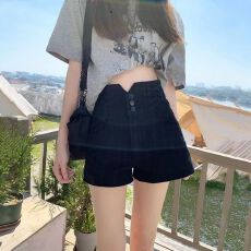 批发黑色牛仔短裤女夏季新款超高腰弹力修身显瘦百搭a字阔腿热裤子潮