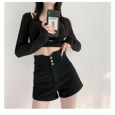 批发高腰a字宽松百搭设计感显瘦热裤夏季新款黑色辣妹牛仔阔腿短裤女