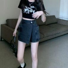 批发复古美式辣妹牛仔短裤女夏季新款高腰宽松显瘦遮胯设计感裙裤子潮