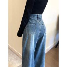 批发复古直筒牛仔裤女高腰宽松阔腿垂感长裤春秋新款百搭拖地长裤子潮