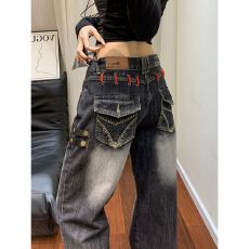 批发美式高街设计感绑带<b class='q'>牛仔裤</b><b class='q'>女</b>2026春新款<b class='q'>黑色</b>直筒长裤辣妹显瘦长裤