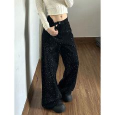 批发美式辣妹设计感满天星亮钻拼接<b class='q'>牛仔裤</b>子<b class='q'>女</b>复古小众显瘦百搭拖地裤