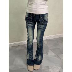 批发美式复古做旧设计感低腰<b class='q'>微喇</b><b class='q'>牛仔裤</b>女秋冬新款修身显瘦百搭喇叭裤