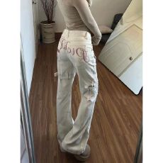 批发美式复古水洗做旧休闲<b class='q'>牛仔裤</b>女春秋高街宽松阔腿<b class='q'>微喇</b>亚文化长裤子