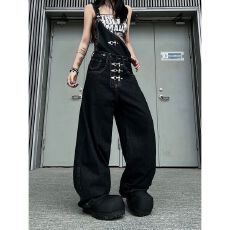 批发美式复古水洗牛仔背带裤<b class='q'>女</b>春夏新款减龄宽松休闲连体阔腿拖地裤子