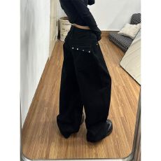 批发美式复古口袋镶钻显瘦<b class='q'>牛仔裤</b><b class='q'>女</b>春季新款高腰阔腿直筒<b class='q'>黑色</b>拖地长裤