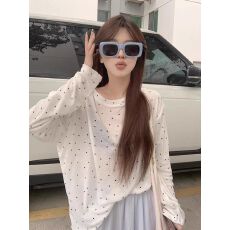 批发韩系慵懒风白色波点薄款长袖防晒t恤女夏季新款微透防晒罩衫上衣