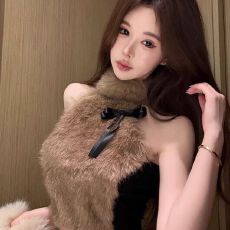 批发毛毛拼接蝴蝶结挂脖吊带背心2025秋<b class='q'>冬</b>新款法式打底衫辣妹上衣女