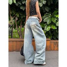批发刺绣高街设计感复古牛仔裤女<b class='q'>春</b>秋季百搭直筒垂感阔腿拖地长裤子