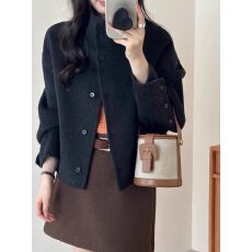 批发2026秋冬新款<b class='q'>双面</b><b class='q'>羊绒</b><b class='q'>大衣</b>女短款日本外贸立领甜美设计羊毛呢外套
