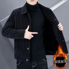 批发秋冬季新款<b class='q'>男</b>士外套高档百搭加绒厚条纹毛呢大衣翻领休闲<b class='q'>夹克</b>保暖
