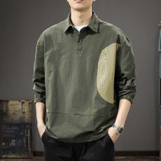 批发日系复合拼色新款口袋拉链宽松翻领套头衬衣体恤<b class='q'>春</b>秋山系户外上衣