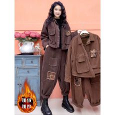 批发加绒加厚<b class='q'>套装</b>女超厚实保暖冬款高档复古风短外套<b class='q'>哈伦裤</b>整套