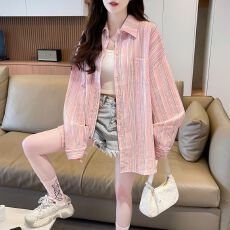 批发<b class='q'>实拍</b> 原版面料中长款春夏季薄款竖条防晒<b class='q'>衬衫</b>女新款长袖外搭上衣