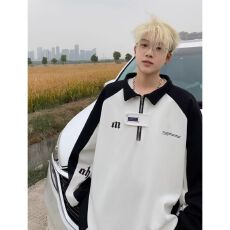 美式复古半拉链撞色polo翻领卫衣男女春秋宽松小众学院风情侣外套