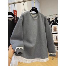批发（德绒复真超）特<b class='q'>大码</b>300斤蕾丝拼接加绒卫衣女秋冬<b class='q'>打底衫</b>上衣