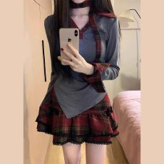 批发美式chic甜辣妹格子连衣裙女秋季2025新款学院风御姐<b class='q'>蓬蓬</b>短<b class='q'>裙套装</b>