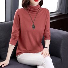 批发秋冬新款堆堆领长袖t恤冬季加绒加厚打底衫女装中年妈妈保暖上衣