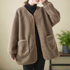 大码装撞色复古仿羊羔毛外套女春秋保暖减龄拼接宽松加厚中长款