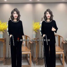 批发韩版妈妈装丝绒时尚套装洋气减龄重工艺钉珠设计休闲两件套裤遮肉