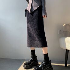 批发水貂绒针织半身裙女秋冬加厚松紧腰a字包臀半裙开叉一步裙配毛衣